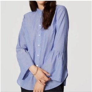 NWOT LOFT Bow Tie Sleeve Blue and White Striped Button Down Shirt Size L